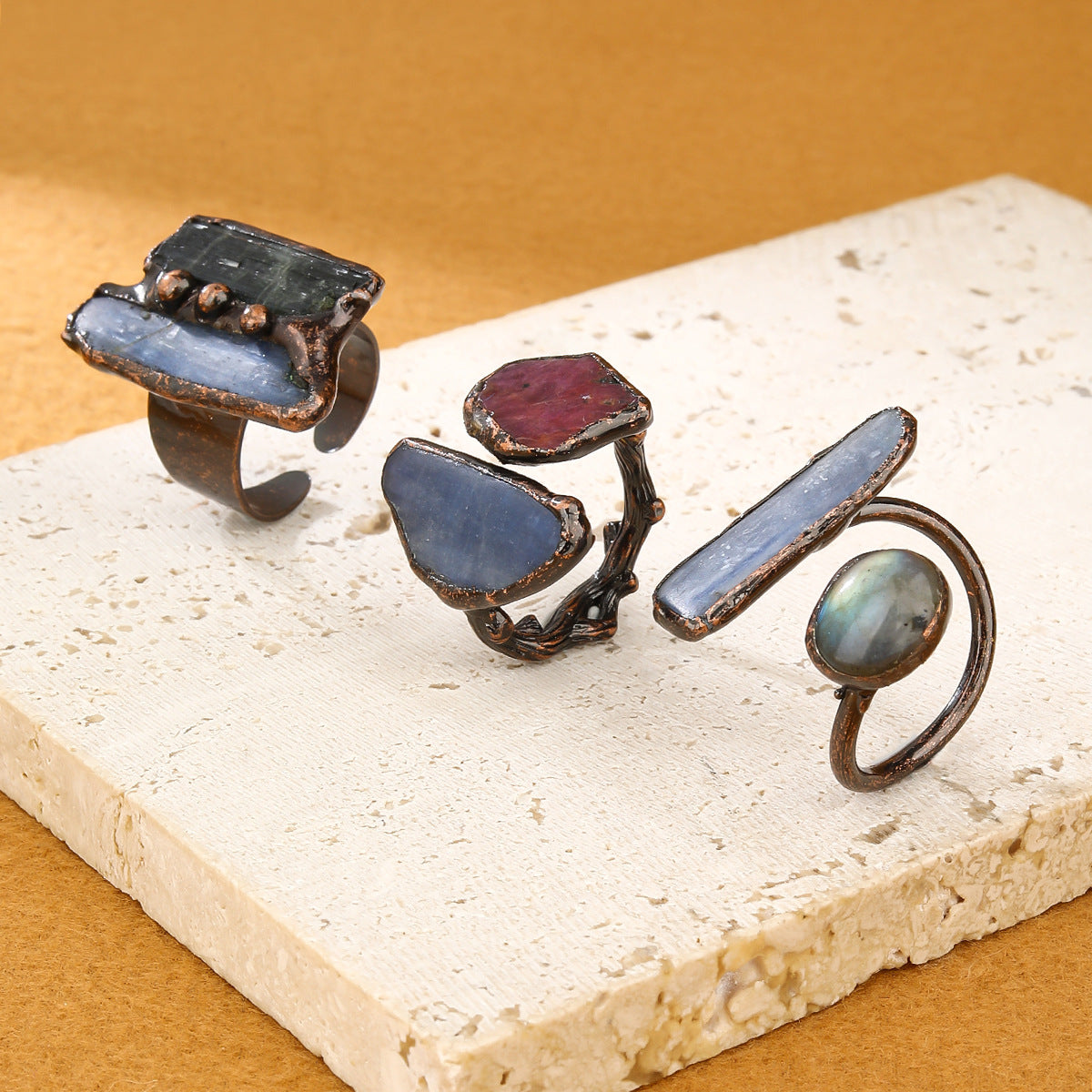 Unique Trio of Mixed Crystal Rings with Raw Kyanite, Labradorite, and Ruby Stones for Healing, Protection, and Intuition