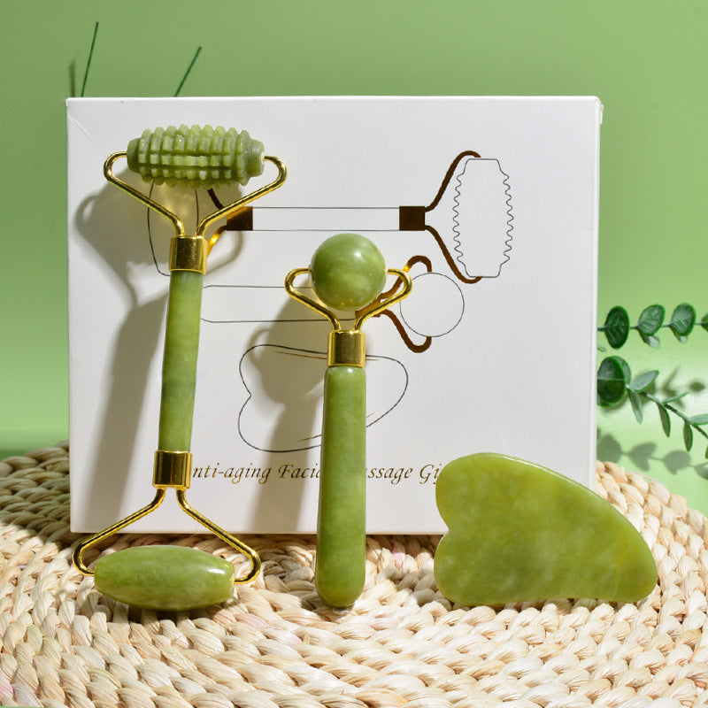 Green Jade Facial Massage Tool Set – 3-Piece Jade Roller and Gua Sha Kit for Relaxation, Skin Rejuvenation, and Beauty Enhancement