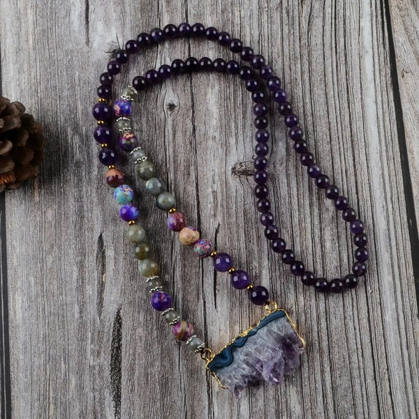 Amethyst Crystal and Multi-Gemstone Healing Necklace for Spiritual Balance