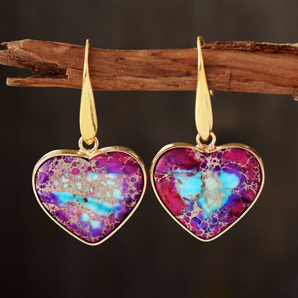 Multicolored Heart-Shaped Jasper and Turquoise Gold-Plated Earrings for Spiritual Love, Healing, and Protection