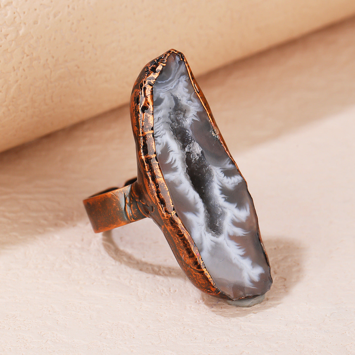 Handcrafted Dendritic Agate Crystal Ring with Copper Band for Spiritual Grounding and Inner Stability