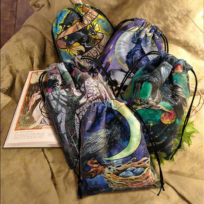 Mystical Raven Tarot and Rune Drawstring Pouch – Enchanting Velvet Bag for Spiritual Tools, Crystals, and Cards