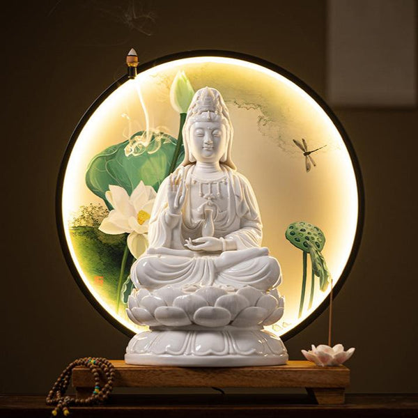 Divine Kuan Yin Lotus Incense Burner with Illuminated Serenity Halo and Backflow Smoke Effect