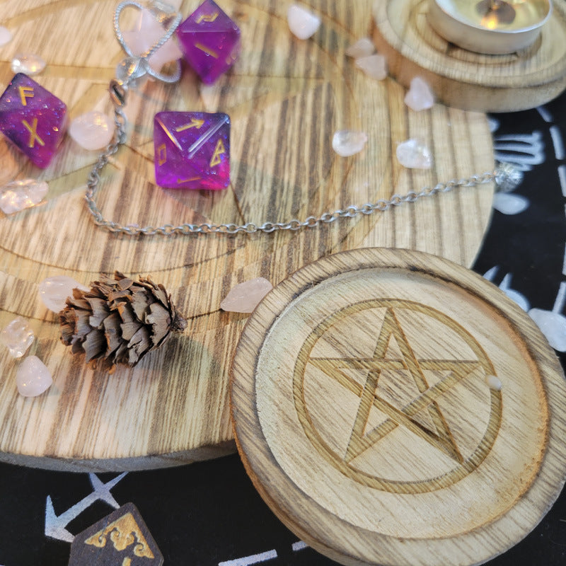 Handcrafted Wooden Pentacle Candle Holder and Crystal Grid Set for Rituals, Meditation, and Spiritual Healing