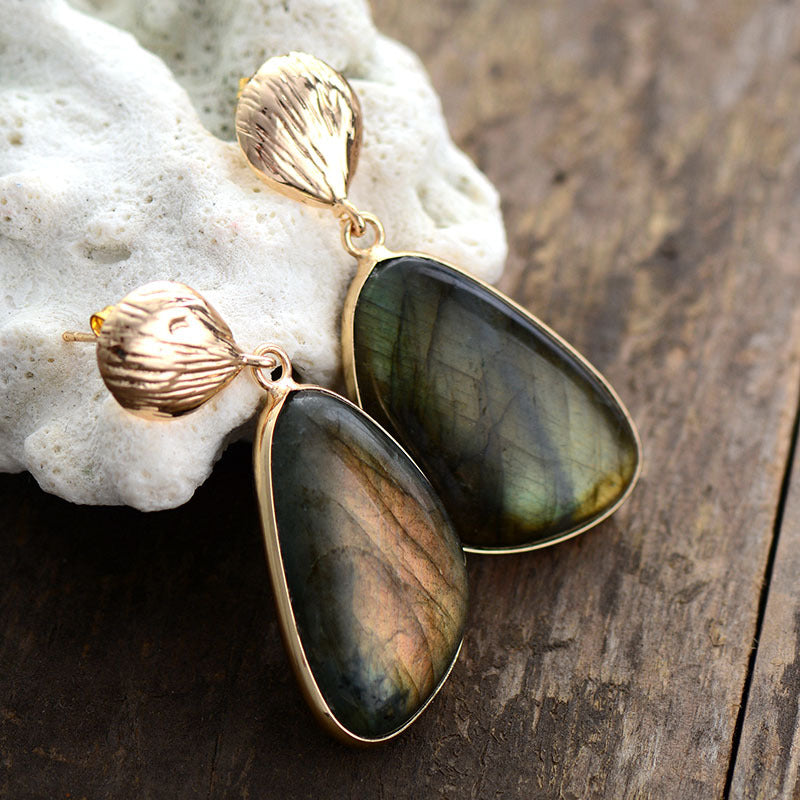 Earthy-Toned Labradorite Gemstone Earrings with Gold Accents for Spiritual Protection and Intuitio