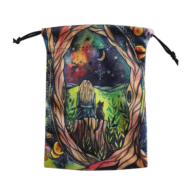 Celestial Night Sky Velvet Tarot Pouch with Vibrant Animal and Nature Art – Spiritual Divination Storage Bag