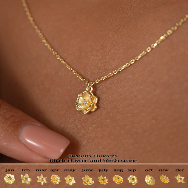 Custom Birth Flower Necklace with Birthstone Charm – Elegant 18K Gold-Plated Pendant for Personalization and Unique Gifting