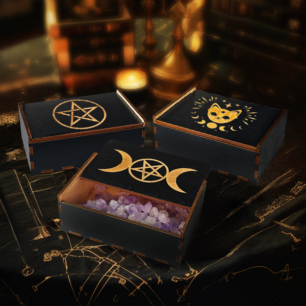 Mystical Wooden Tarot Storage Box with Sacred Symbols – Ideal for Tarot Cards, Crystals, and Ritual Tools