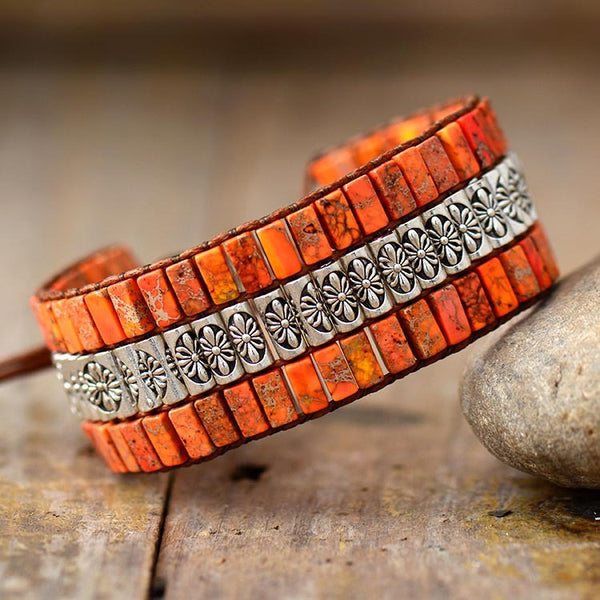 Spiritual Balance Turquoise and Red Jasper Cuff Bracelet with Embossed Silver Accents