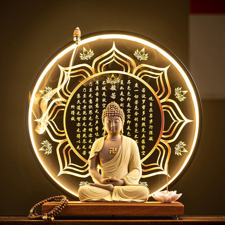 Enlightened Buddha Meditation Incense Burner with Illuminated Mantra Halo and Lotus Holder