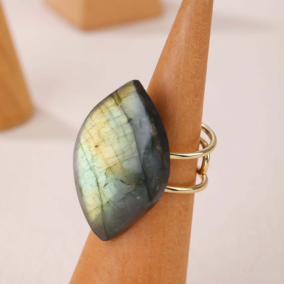 Adjustable Labradorite Crystal Ring with Gold-Plated Band for Intuition Enhancement and Spiritual Protection