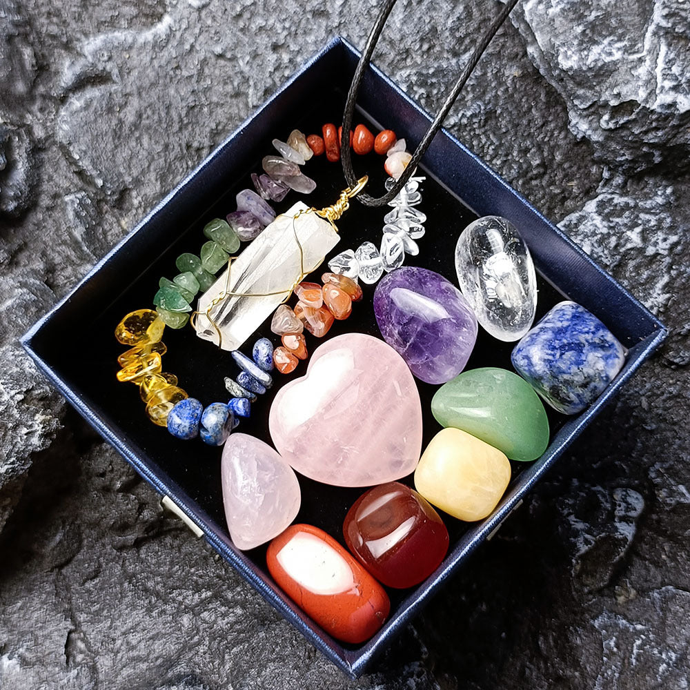 Healing Crystal Set with Rose Quartz Heart, Chakra Bracelet, and Tumbled Gemstones for Spiritual Healing, Meditation, and Energy Balancing