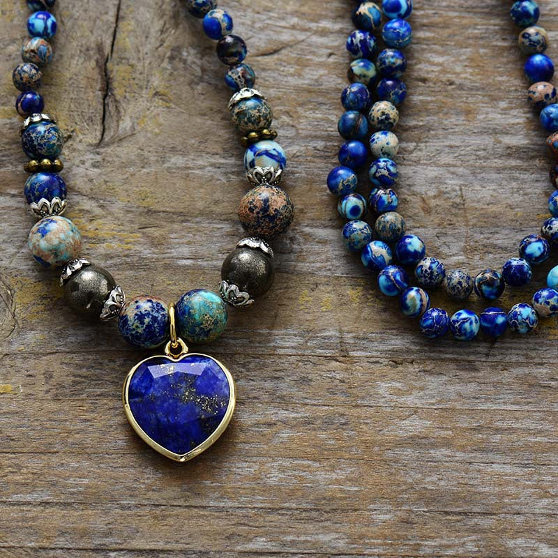 Deep Blue Lapis Lazuli Heart Chakra Healing Necklace