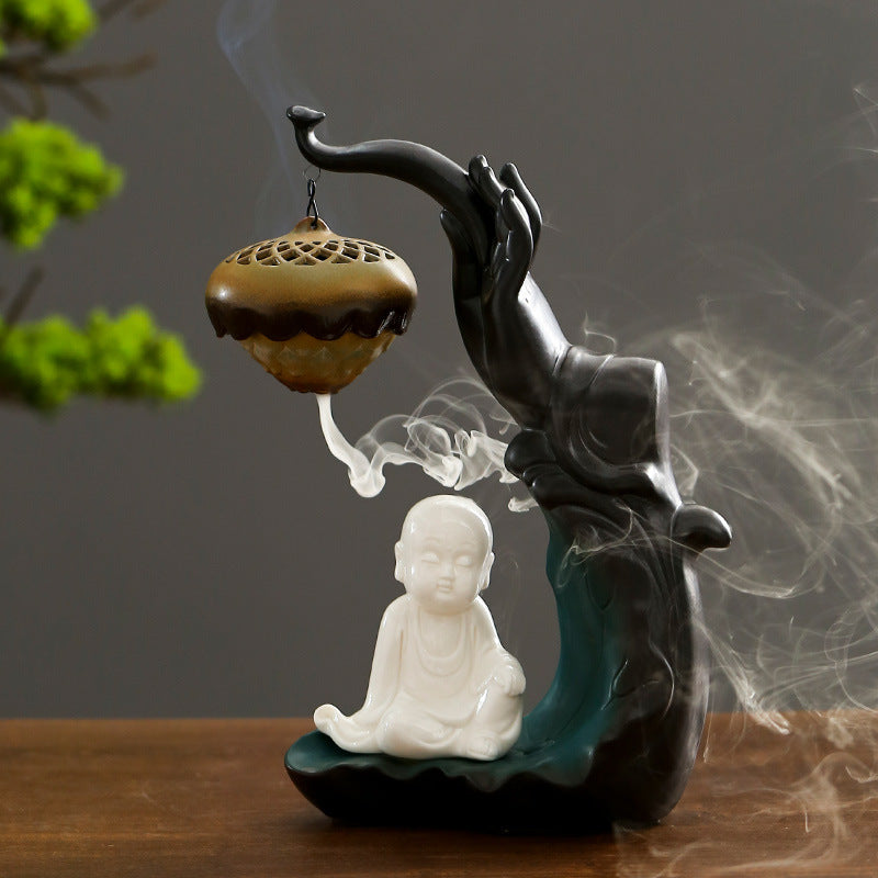 Elegant Lotus Blossom Hanging Incense Burner with Meditation Figure for Spiritual Serenity