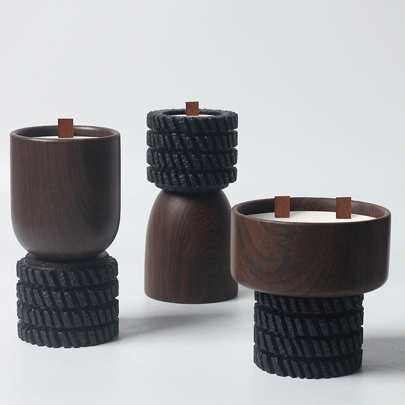 Rustic Wooden and Textured Black Candle Holder Set for Meditation and Spiritual Decor