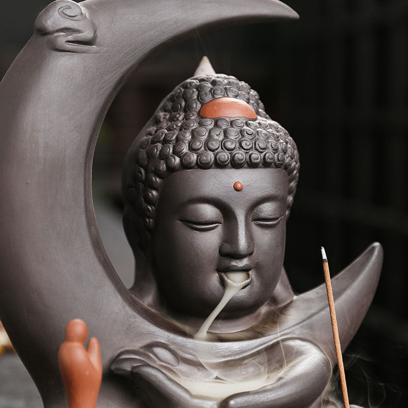 Buddha and Crescent Moon Backflow Incense Burner for Meditation, Mindfulness, and Spiritual Zen Decor