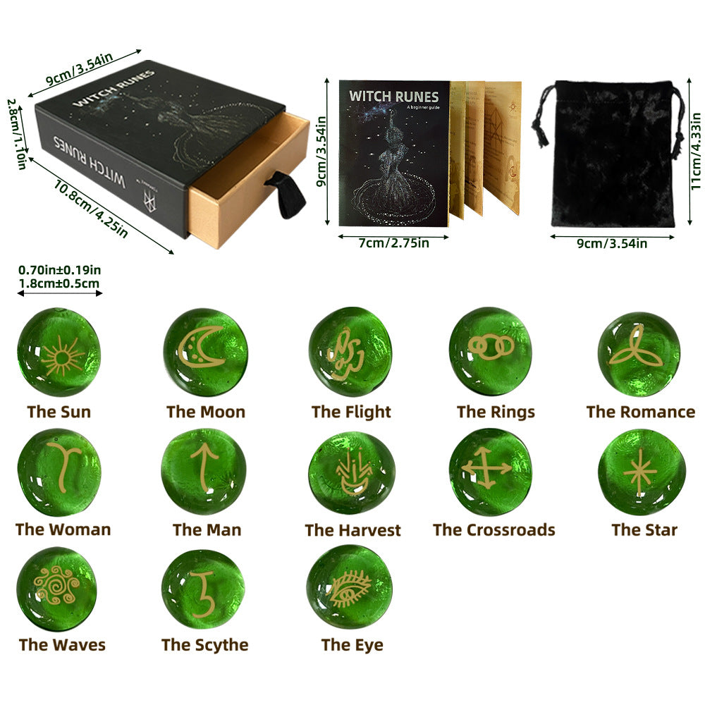 Witch Rune Set with Green Glass Stones – Divination Tools for Spiritual Guidance, Magic, and Rituals