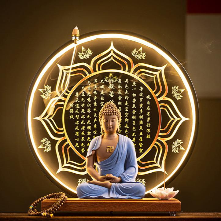 Enlightened Buddha Meditation Incense Burner with Illuminated Mantra Halo and Lotus Holder