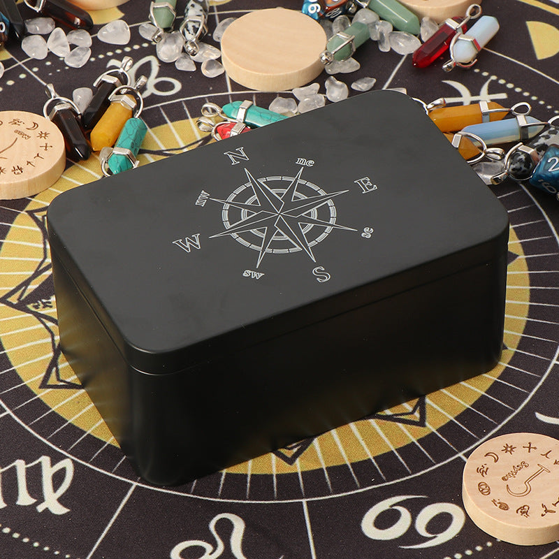 Premium Black Metal Storage Box with Intricate Engraved Compass Design – Ideal for Safely Storing Tarot Cards, Crystals, Runes, and Sacred Spiritual Tools