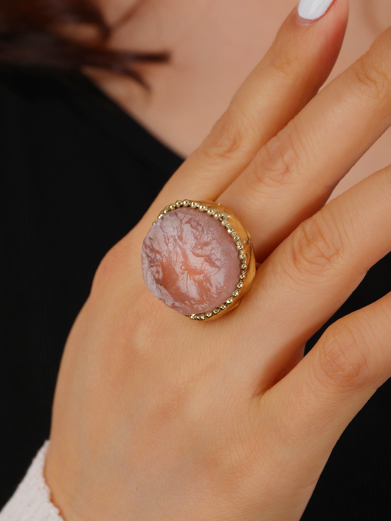 Adjustable Rose Quartz Healing Ring with Gold-Plated Band for Love and Emotional Harmony