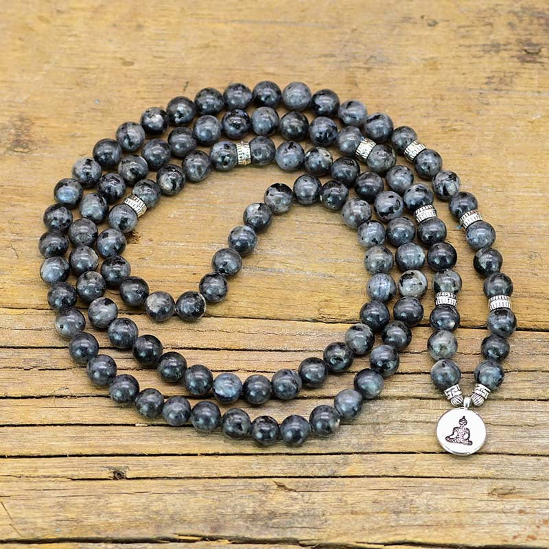 Dalmatian Jasper Mala Beaded Necklace with Buddha Charm for Spiritual Healing and Meditation