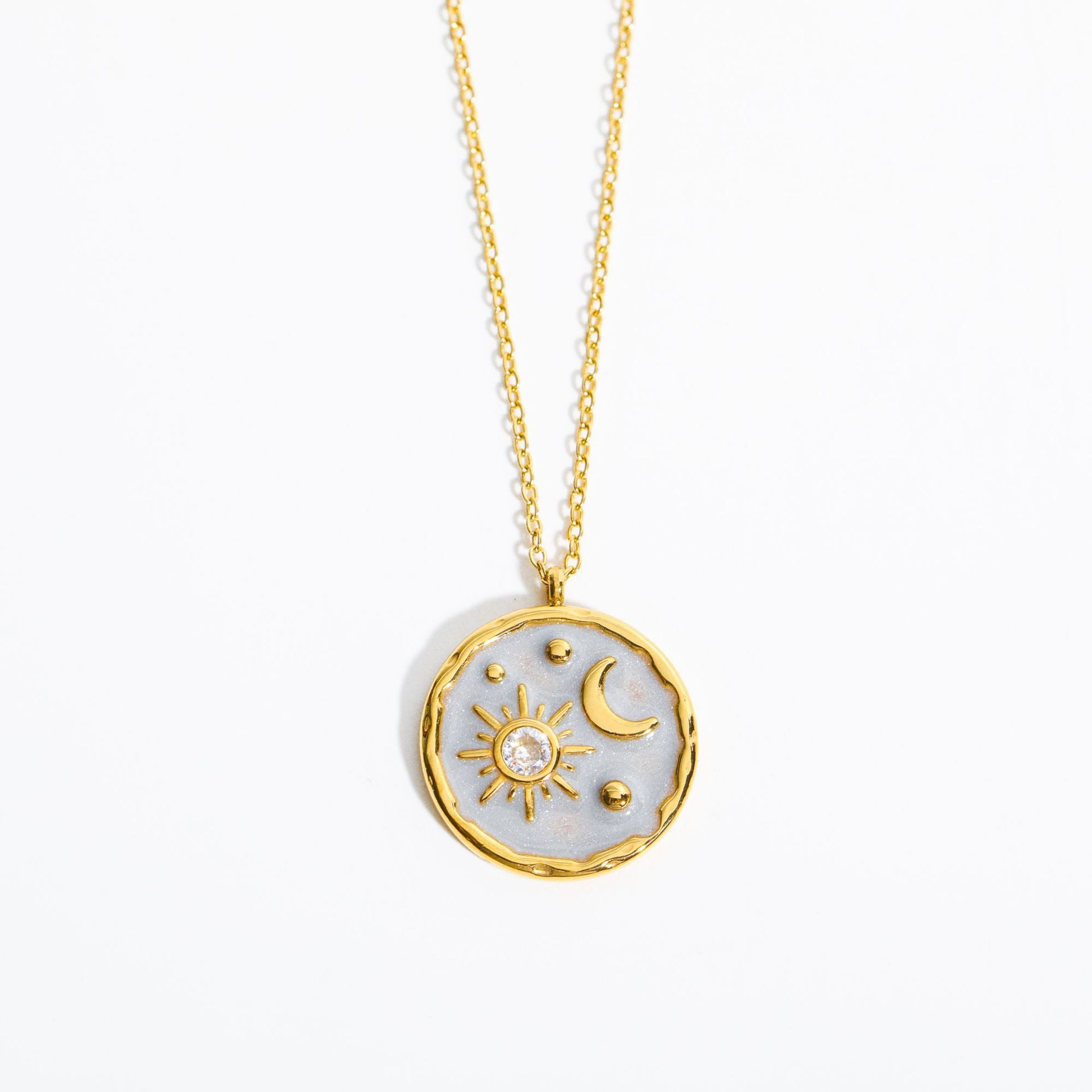 Sun and Moon Celestial Necklace Collection – Gold-Plated Cosmic Pendant with Gemstone Accent