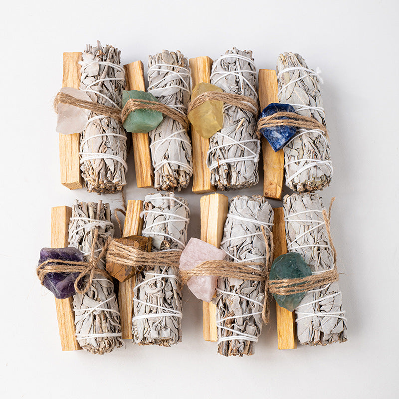 White Sage, Palo Santo, and Healing Crystal Smudge Stick Set - Energy Cleansing and Spiritual Protection