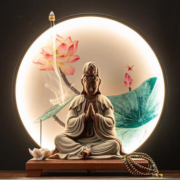 Lotus Blossom Kuan Yin Incense Burner with Backflow Smoke and LED Light Circle for Spiritual Decor