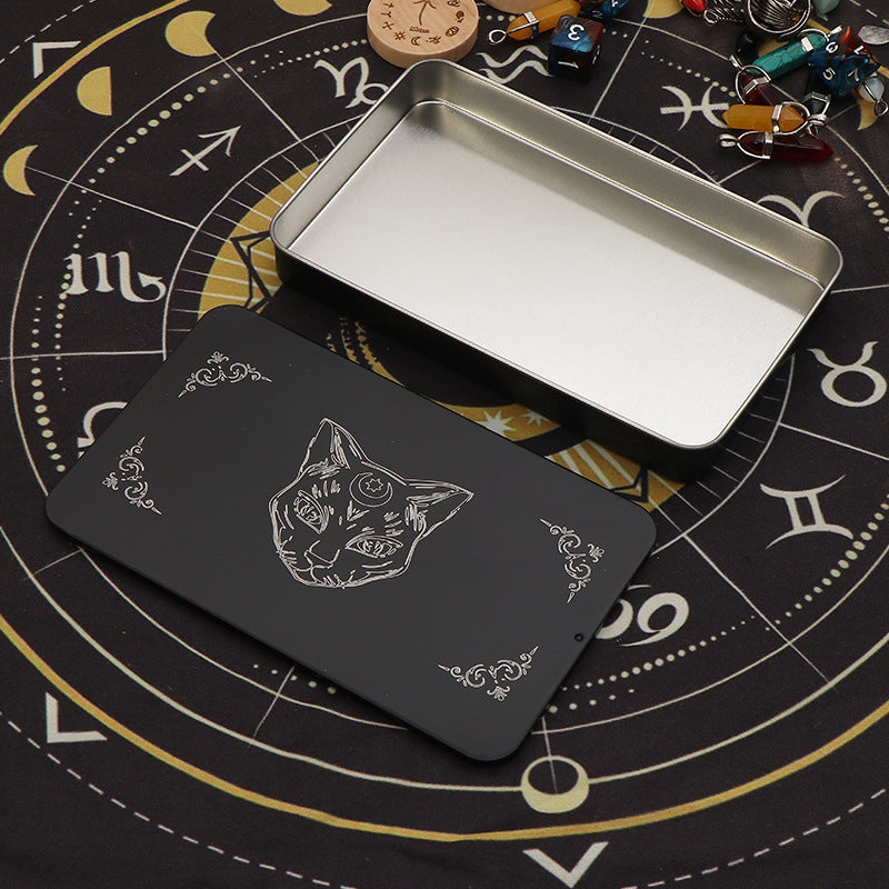 Mystical Zodiac and Sacred Cat Design Black Metal Storage Box – Ideal for Safely Storing Tarot Cards, Crystals, and Essential Spiritual Tools for the Modern Practitioner