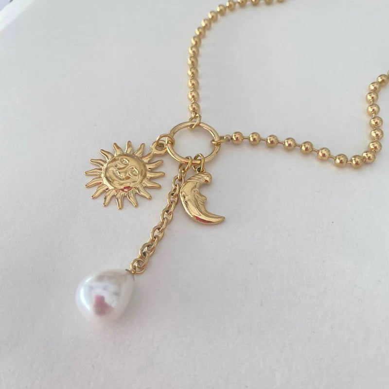 Celestial Sun and Moon Pendant Necklace with Pearl Charm