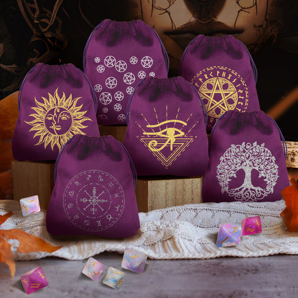 Velvet Drawstring Spiritual Pouches with Sacred Symbol Designs for Crystals, Tarot, and Rune Storage