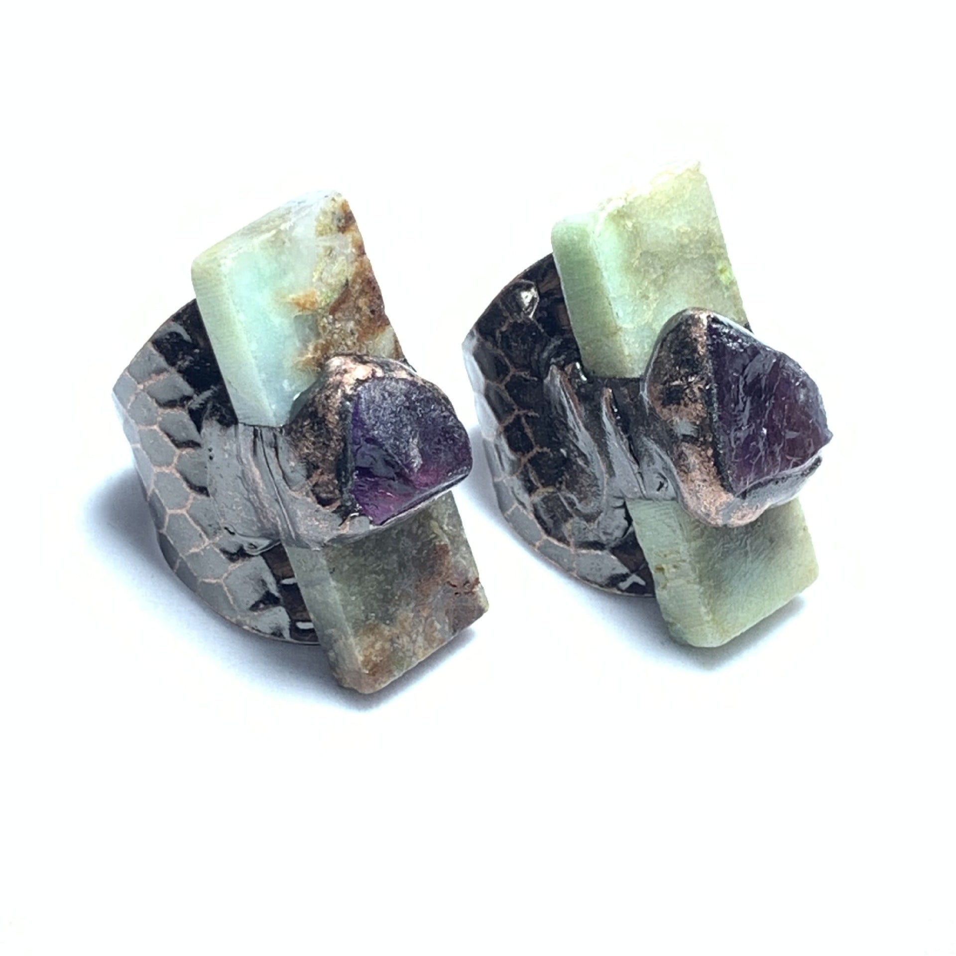 Raw Amethyst and Amazonite Copper Ring for Spiritual Healing and Balance