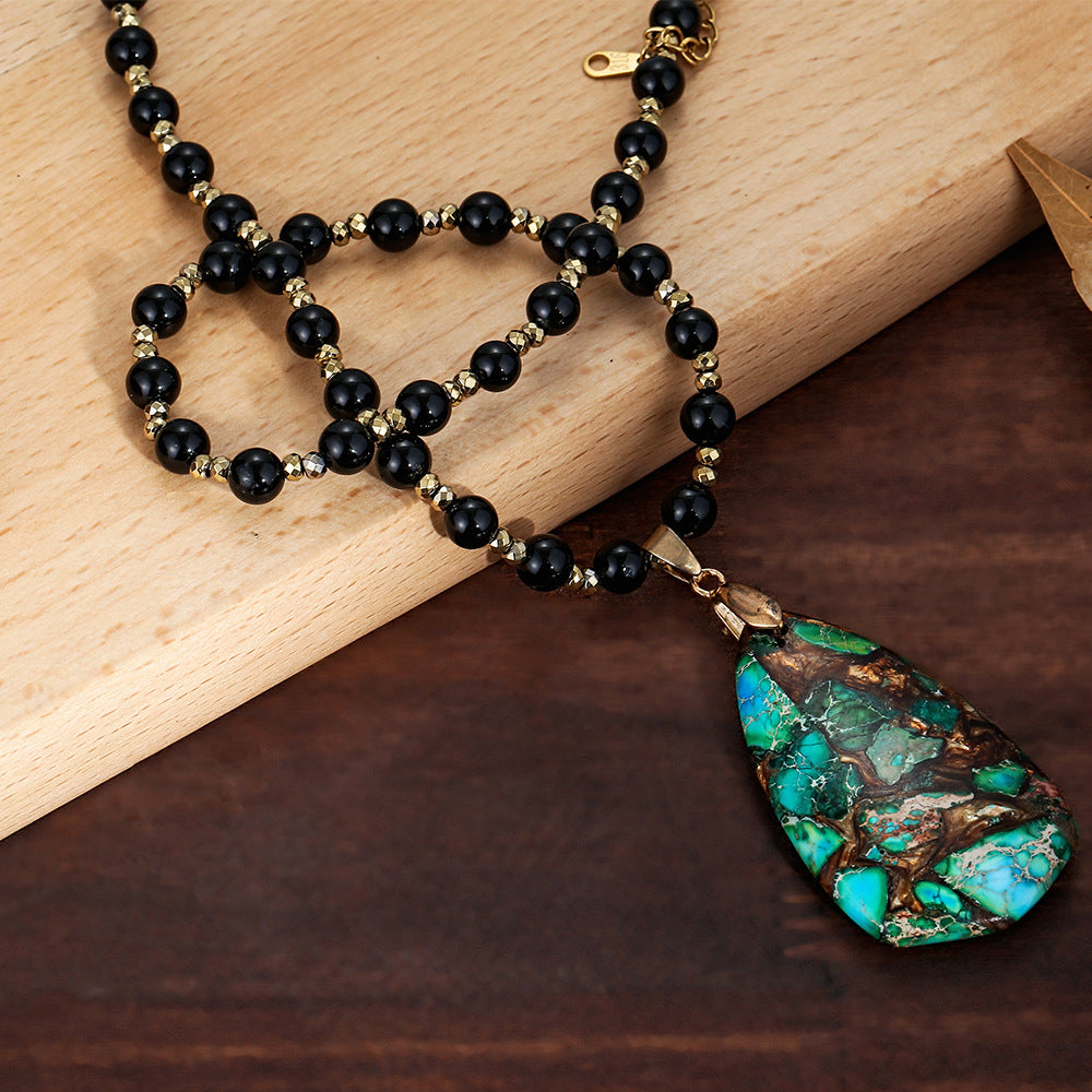 Handcrafted Black Bead Necklace with Multicolored Turquoise Pendant for Grounding and Protection