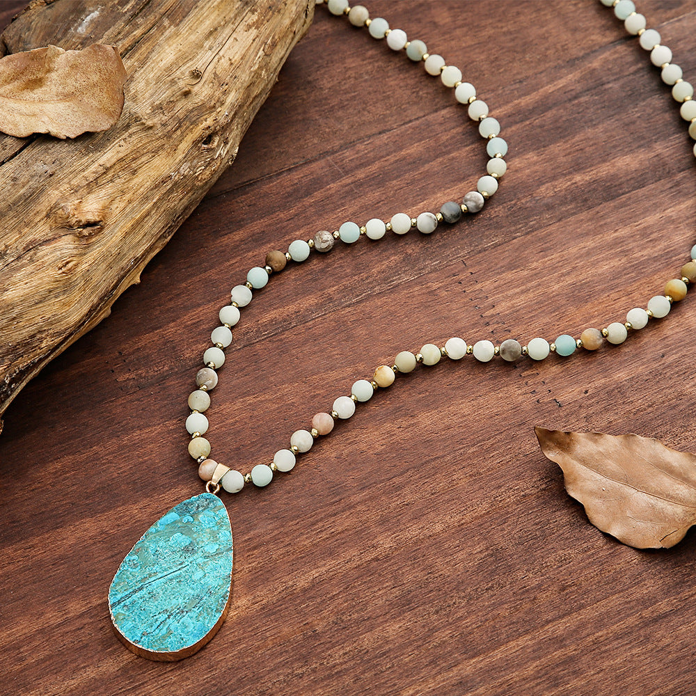 Long Healing Gemstone Necklace with Teardrop Turquoise Pendant for Spiritual Alignment"