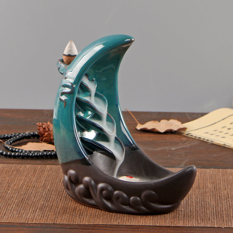 Crescent Moon Backflow Incense Burner in Teal and Black – Mystical Aromatherapy for Meditation and Spiritual Cleansing