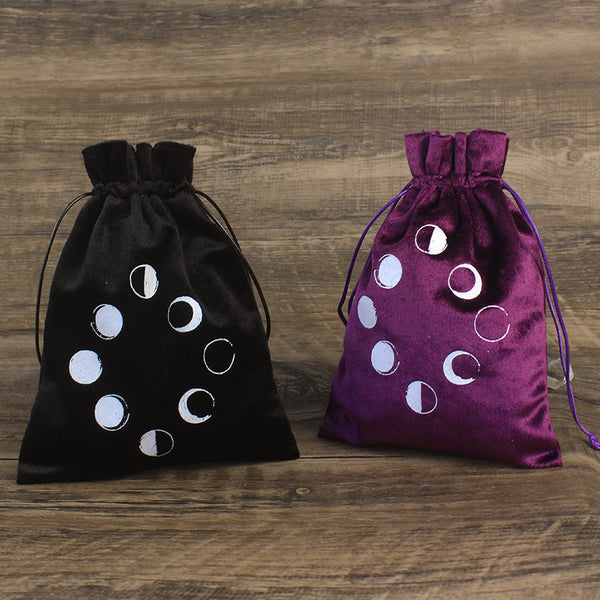 Mystical Moon Phases Velvet Drawstring Pouch for Tarot, Crystals, and Spiritual Tools