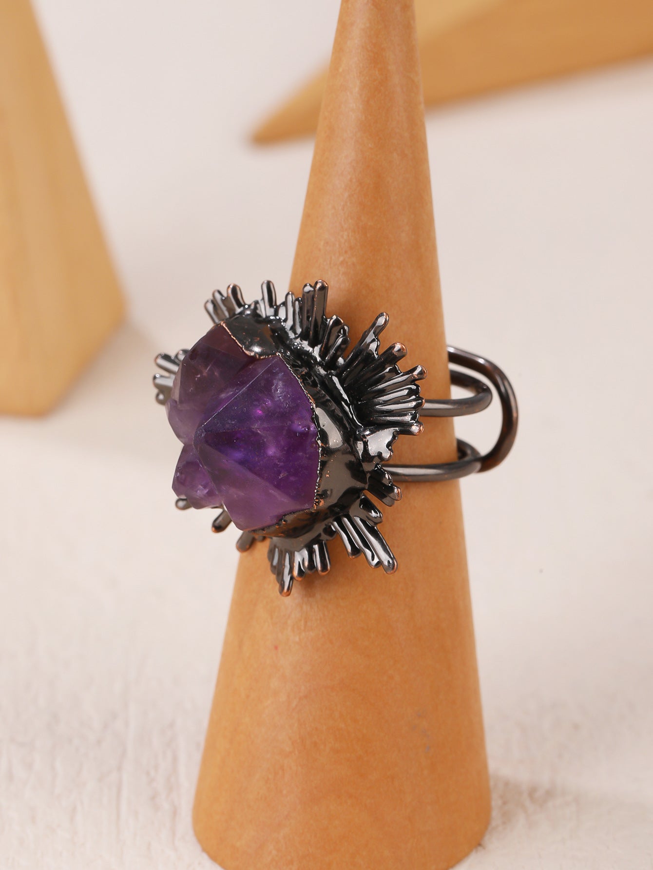 Bold Amethyst Sunburst Crystal Ring with Black Electroformed Setting for Spiritual Protection and Inner Strength