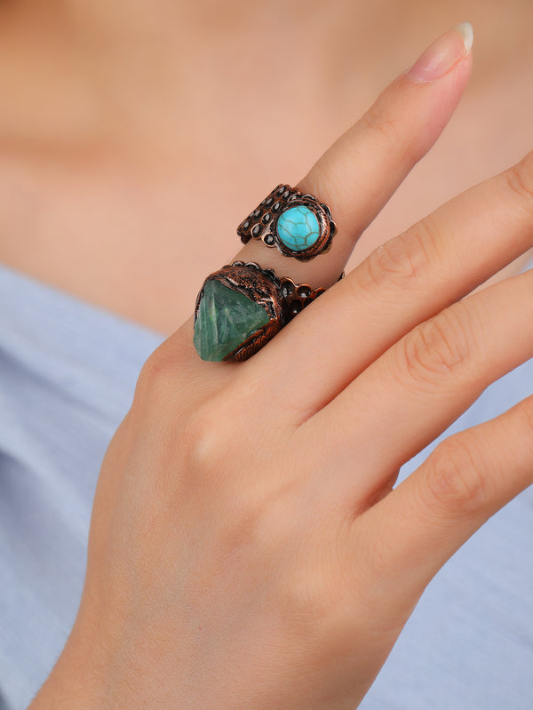 Vintage Turquoise and Green Aventurine Crystal Adjustable Ring for Spiritual Healing