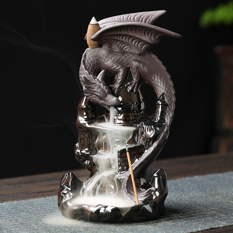 Dragon Perched on Castle Backflow Incense Burner – Mystical Aromatherapy for Spiritual Protection and Meditation