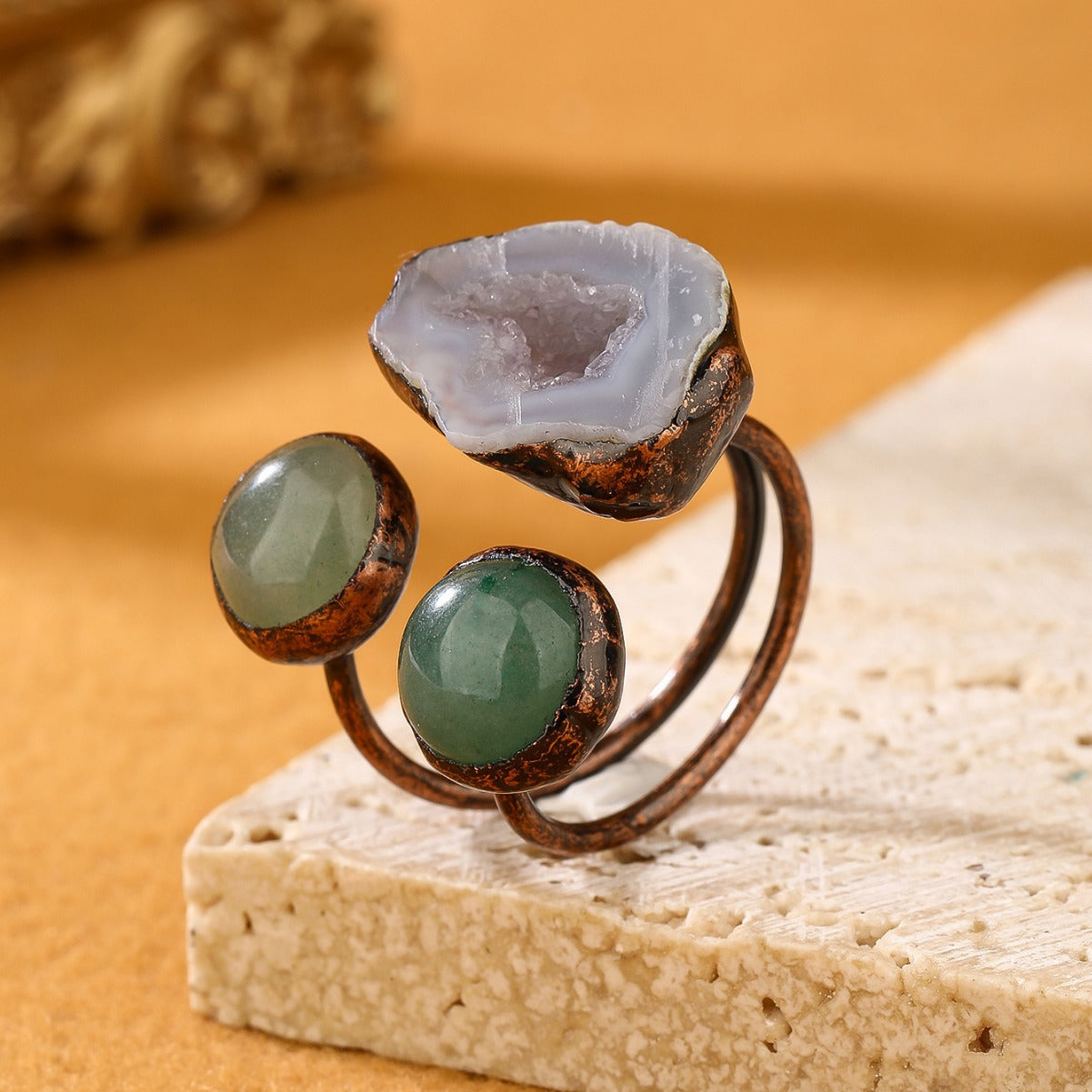 Triple Gemstone Green Aventurine and Agate Druzy Ring with Copper Band for Prosperity, Healing, and Spiritual Balance