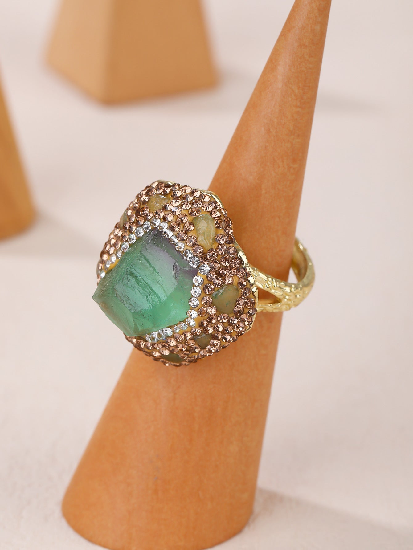 Elegant Green Fluorite Crystal Ring with Gold-Plated Setting for Spiritual Healing and Emotional Balance