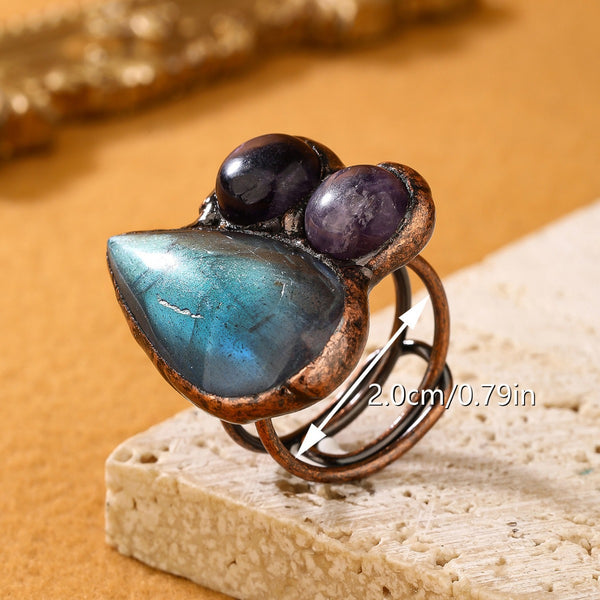 Triple Stone Labradorite and Amethyst Crystal Ring with Rustic Copper Band for Intuition, Protection, and Spiritual Harmony