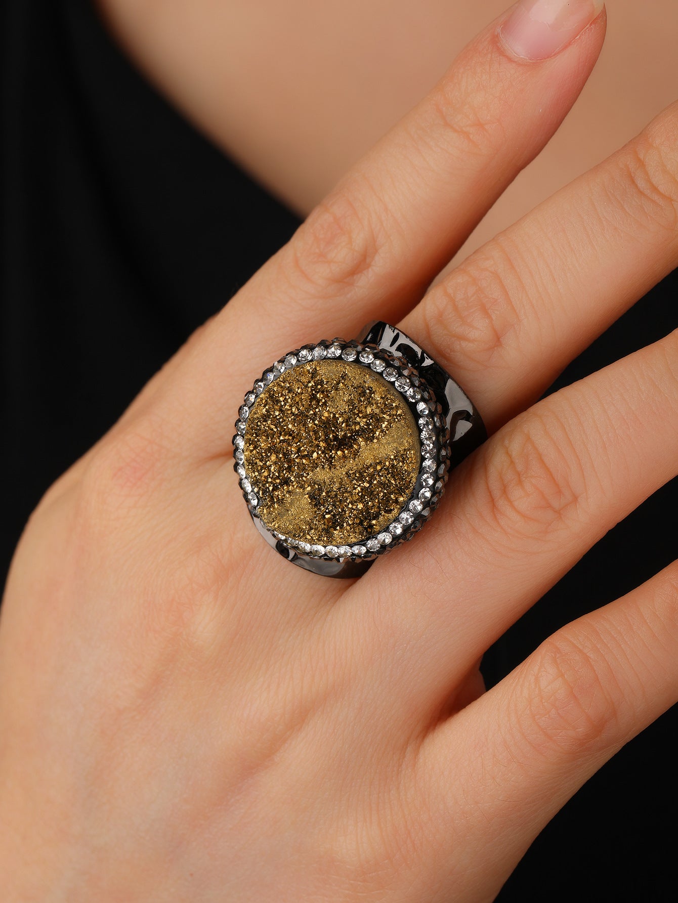 Golden Sparkle Druzy Crystal Statement Ring with Black Finish