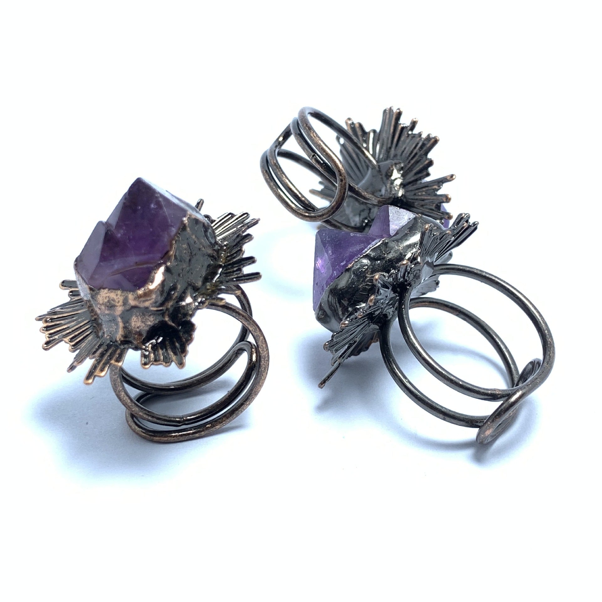 Bold Amethyst Sunburst Crystal Ring with Black Electroformed Setting for Spiritual Protection and Inner Strength