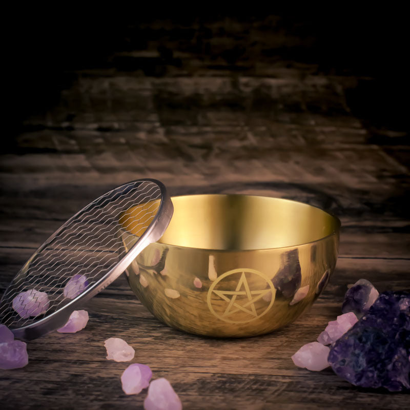 Golden Brass Ritual Bowl with Triple Moon and Pentacle Symbols for Spiritual Cleansing, Offering, and Meditation - Altar and Ritual Decor