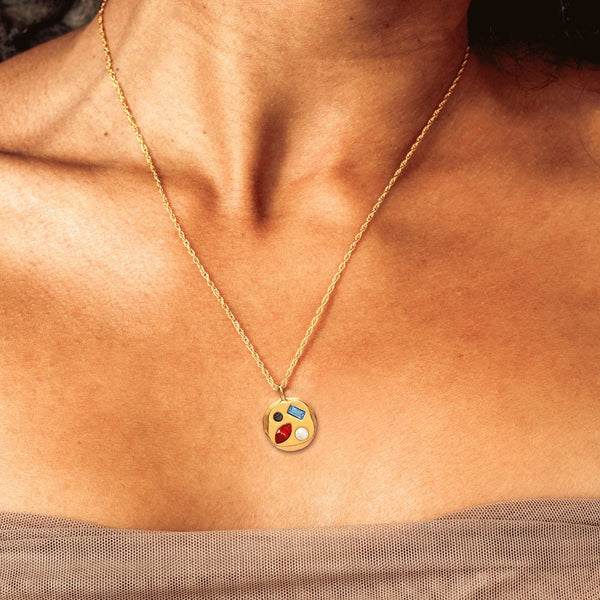 Elegant Gold Charm Necklace with Multicolored Gemstone Details