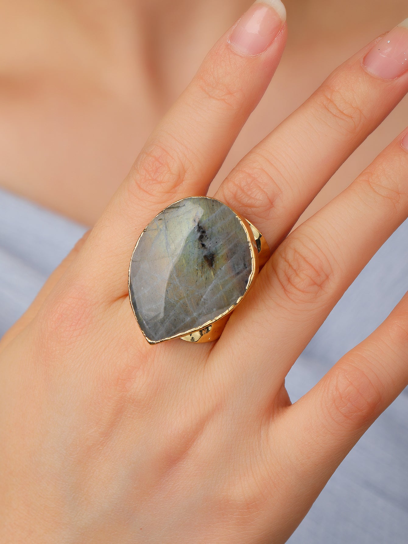 Golden Labradorite Statement Ring with Adjustable Band for Spiritual Protection and Intuition Enhancement