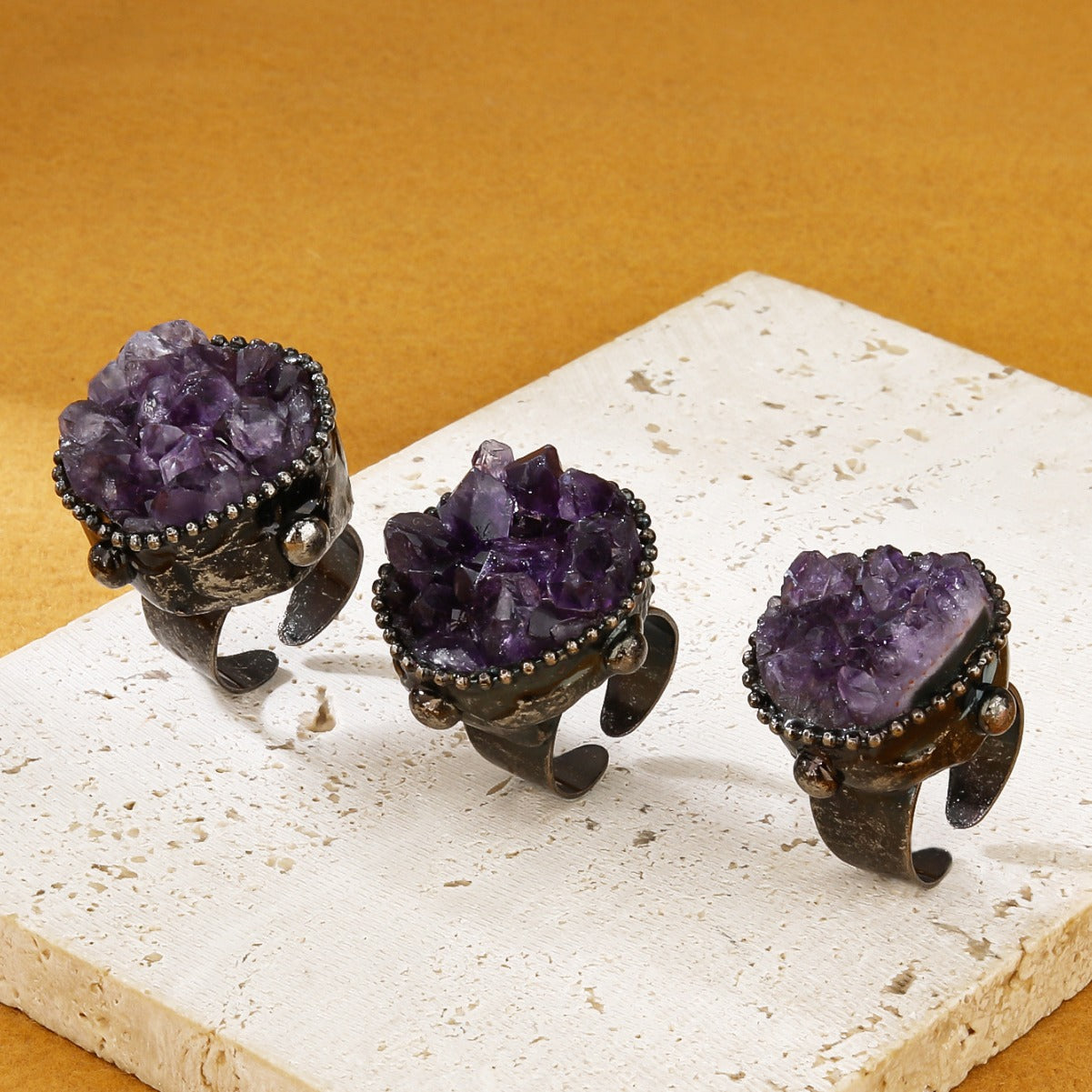 Luxurious Amethyst Cluster Statement Ring with Adjustable Black Metal Band for Spiritual Protection and Emotional Healin