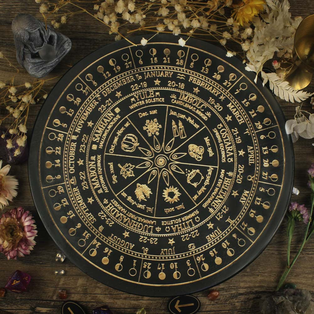 Wiccan Wheel of the Year Ritual Calendar – Handcrafted Sabbat and Lunar Phase Altar Plate for Pagan Celebrations