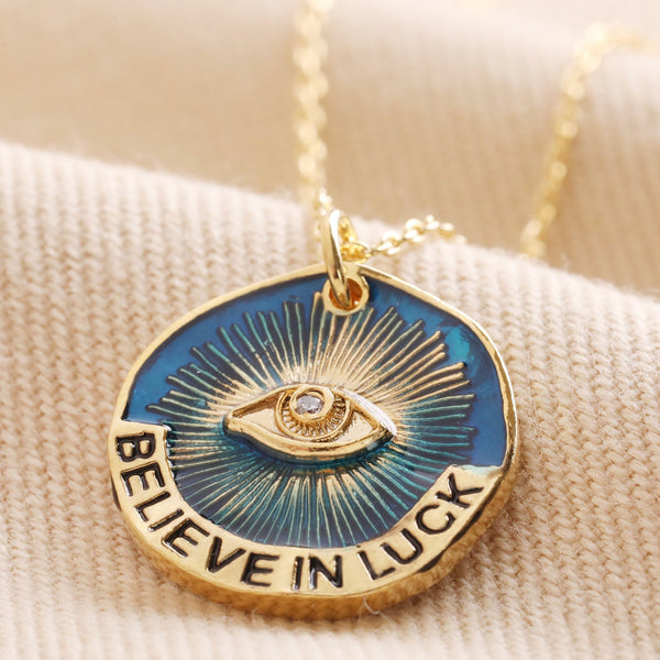 Believe in Luck" Evil Eye Pendant Necklace in Gold with Enamel Finish